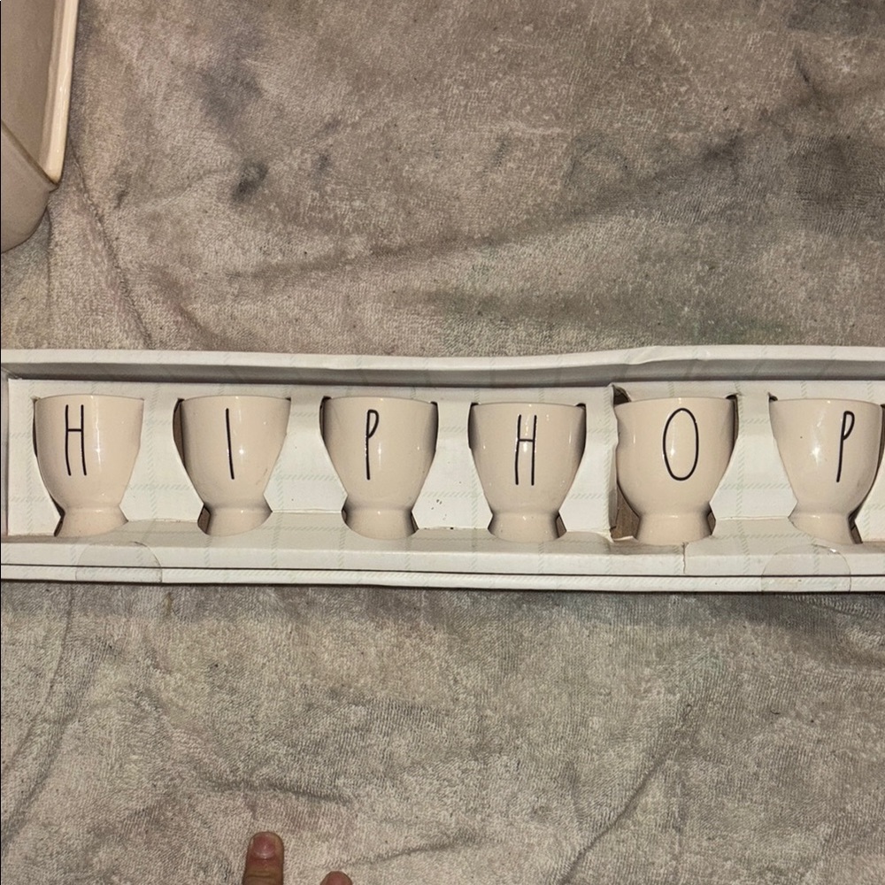 Rae Dunn Cream Shot glasses with text “Hip Hop”